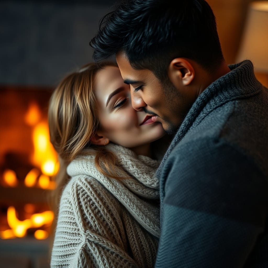 Romantic Moment by the Fireplace in Soft Warm Light