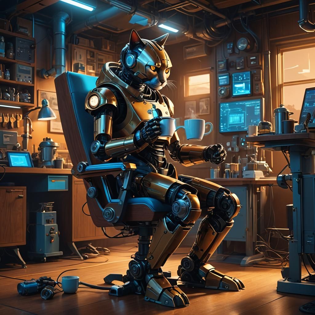 Cyberpunk Robot Cat Sips Coffee in Futuristic Lab