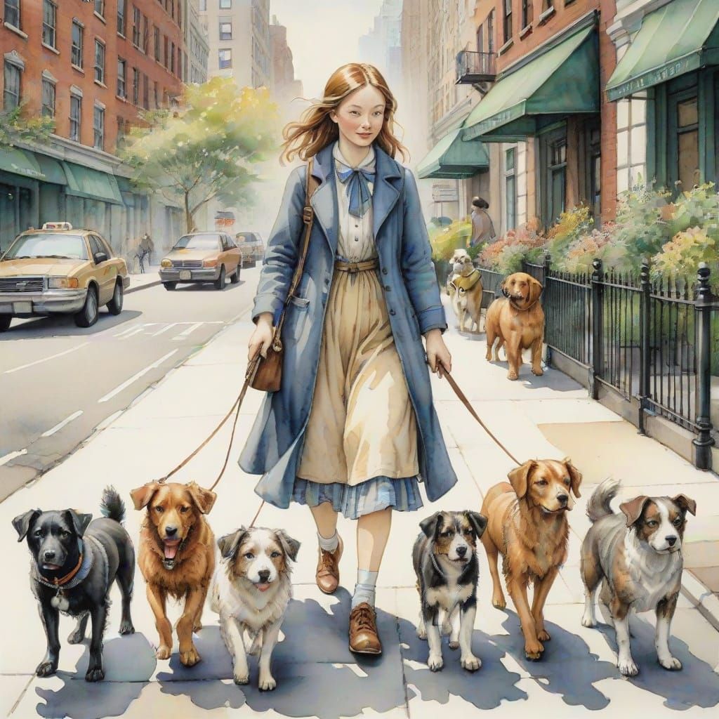 Girl Walks Dogs in NYC: Watercolor Illustration