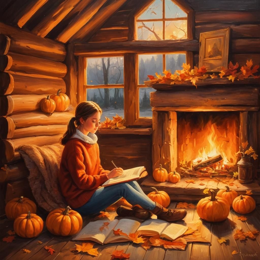 Cozy Cabin Interior with Girl Reading by Fireplace