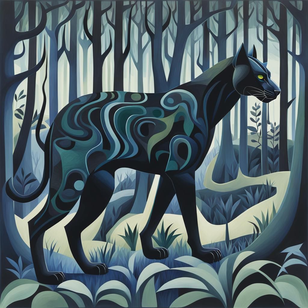Horned Black Panther in Cubist Forest