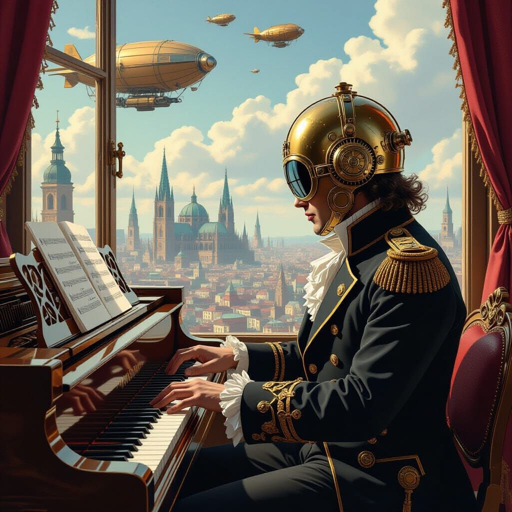 Steampunk Beethoven Plays Piano in Gear-Laden Cityscape
