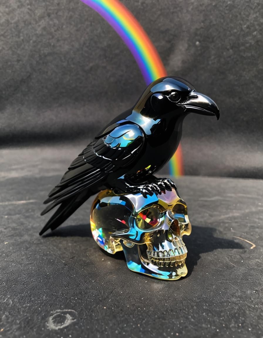 Onyx Crow on Rainbow Crystal Skull in Sunlight