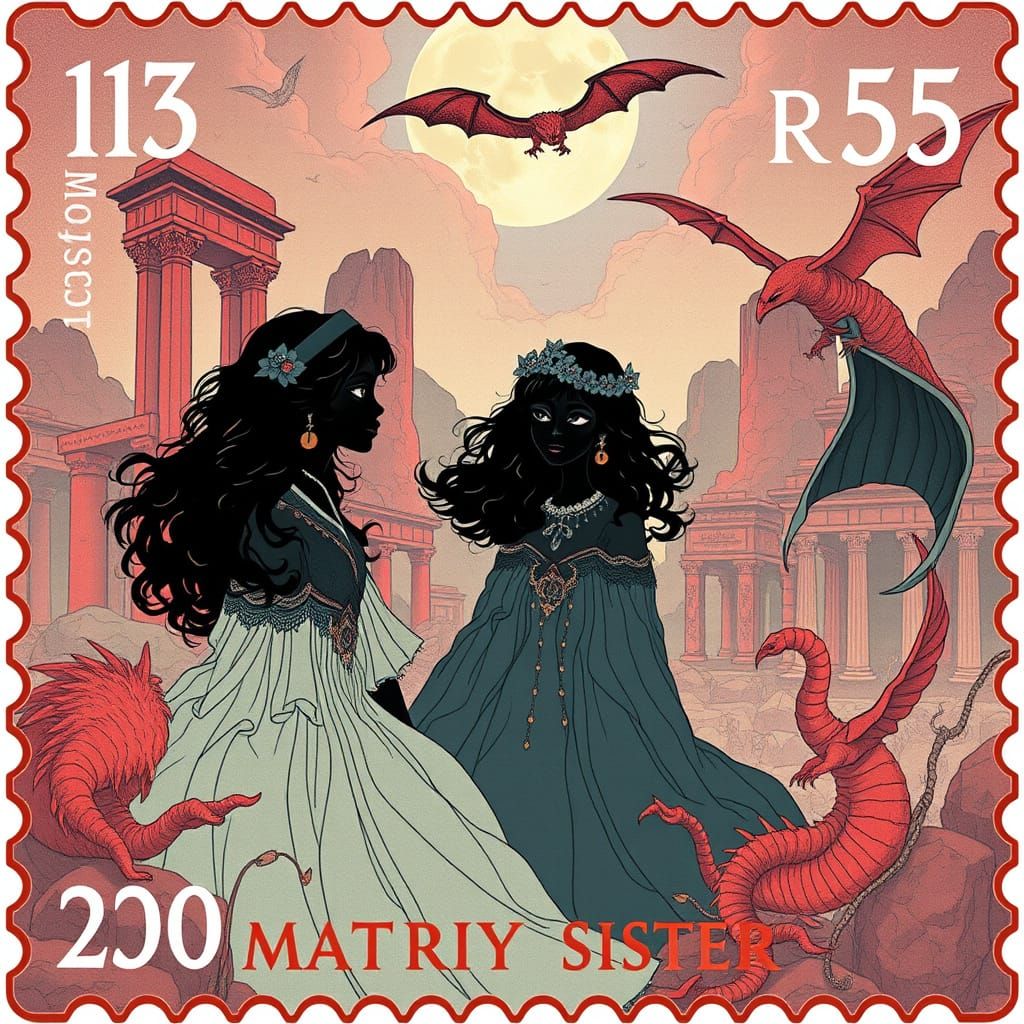 Fantasy Sisters in Art Nouveau Style Postage Stamp