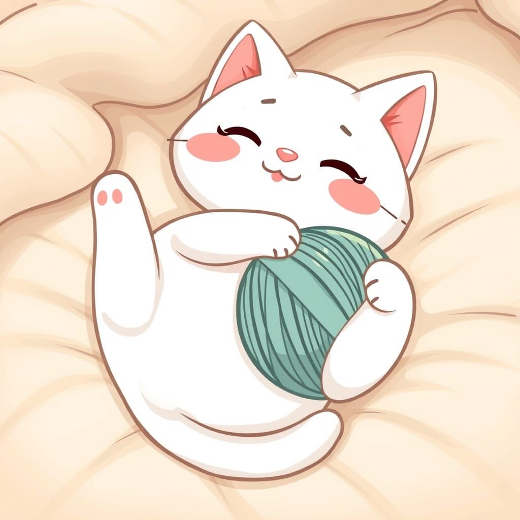 Cartoon White Cat with Yarn Ball, Kawaii Style