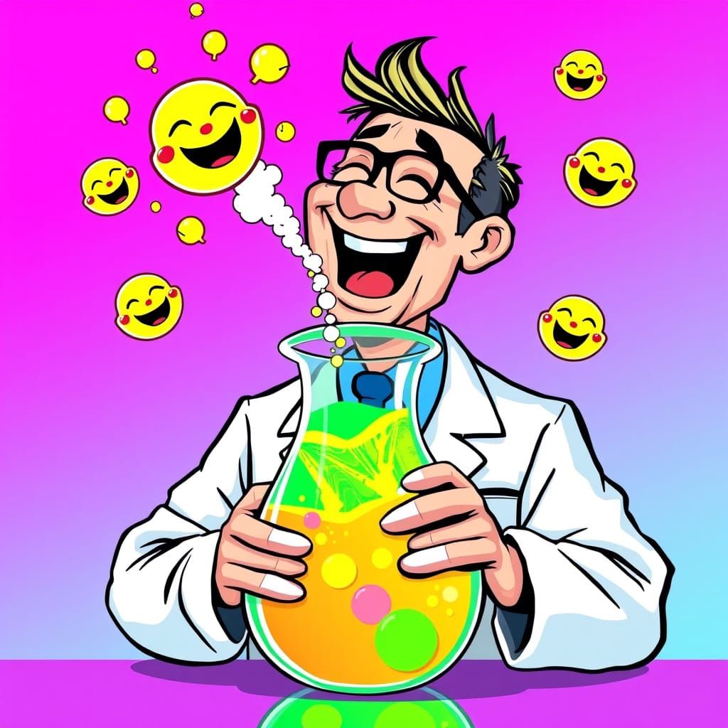 Laughing Professor in a Whimsical Lab Scene with Fluorescent...
