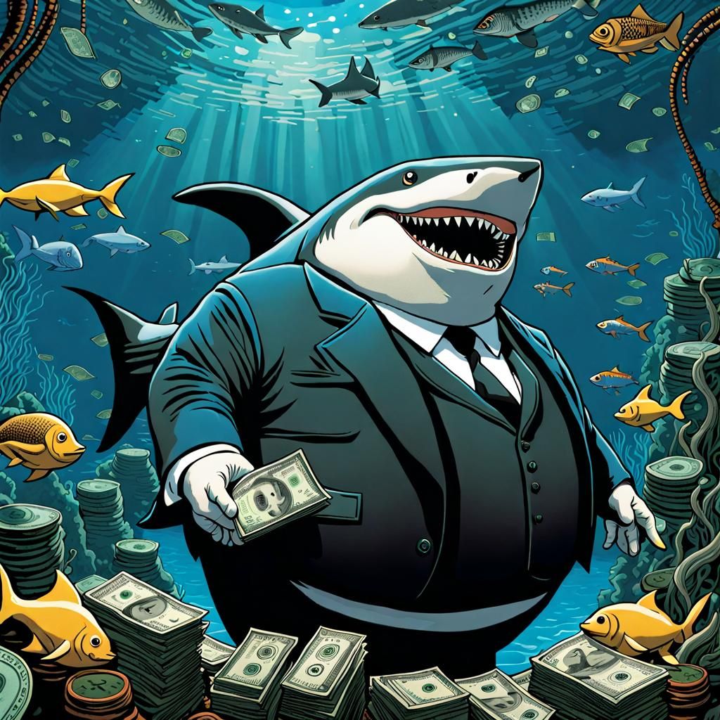 Cartoon Shark Loan Shark in Underwater Cove