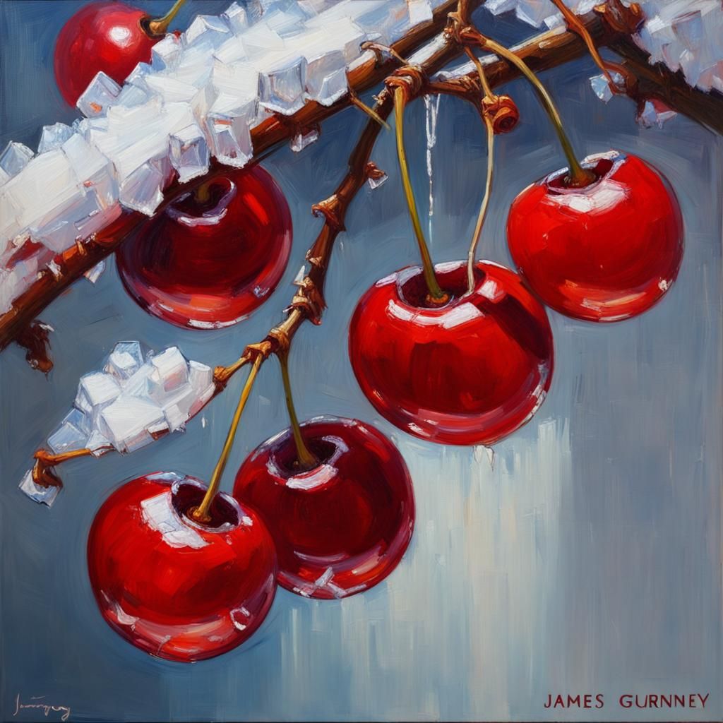 Scarlet Cherries in Winter Ice, Oil Painting