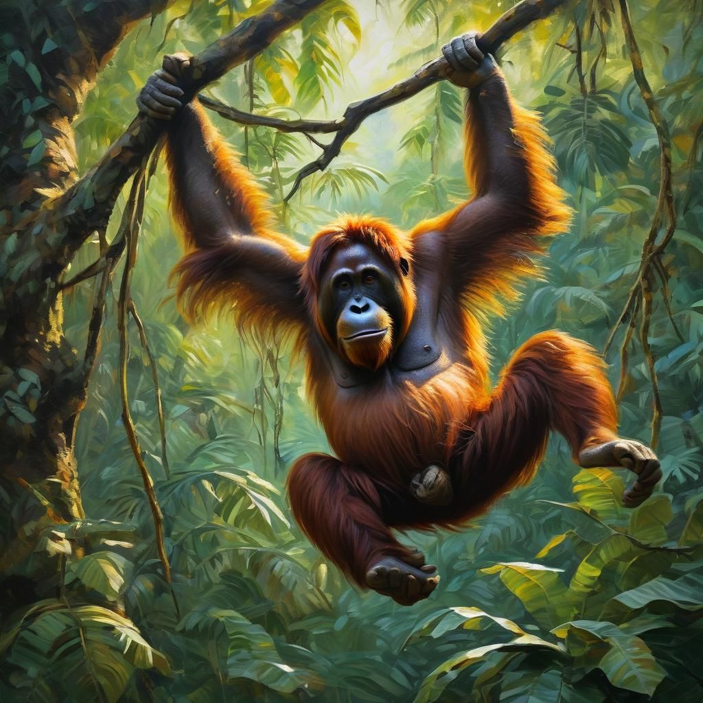 Orangutan in Jungle: Vibrant Oil Painting