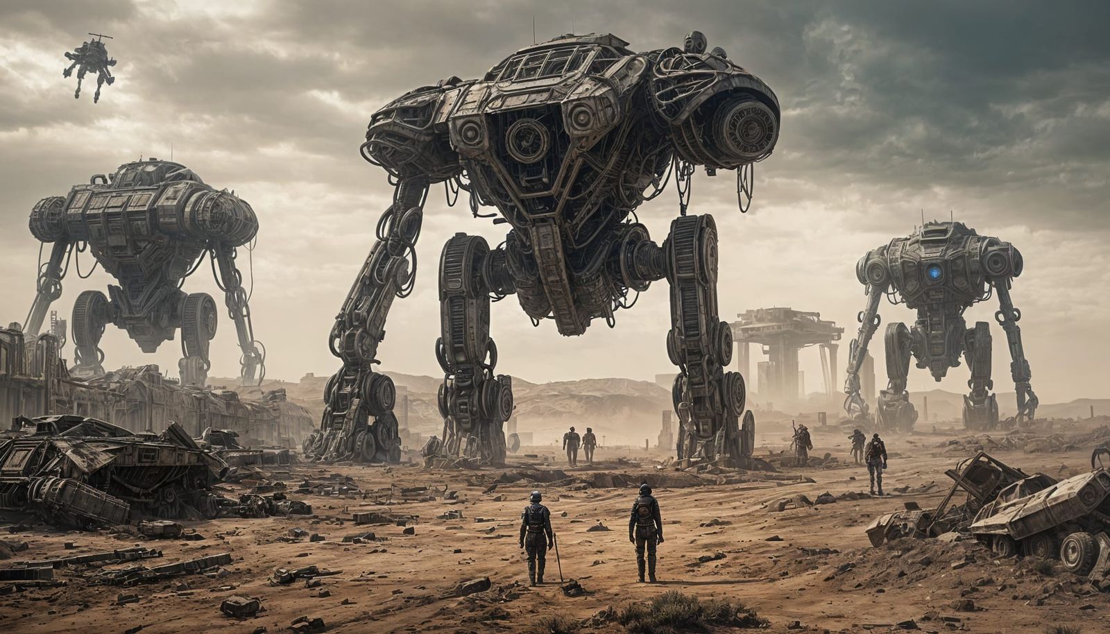 Dystopian Wasteland: Towering Robots in Alien Biopunk Style