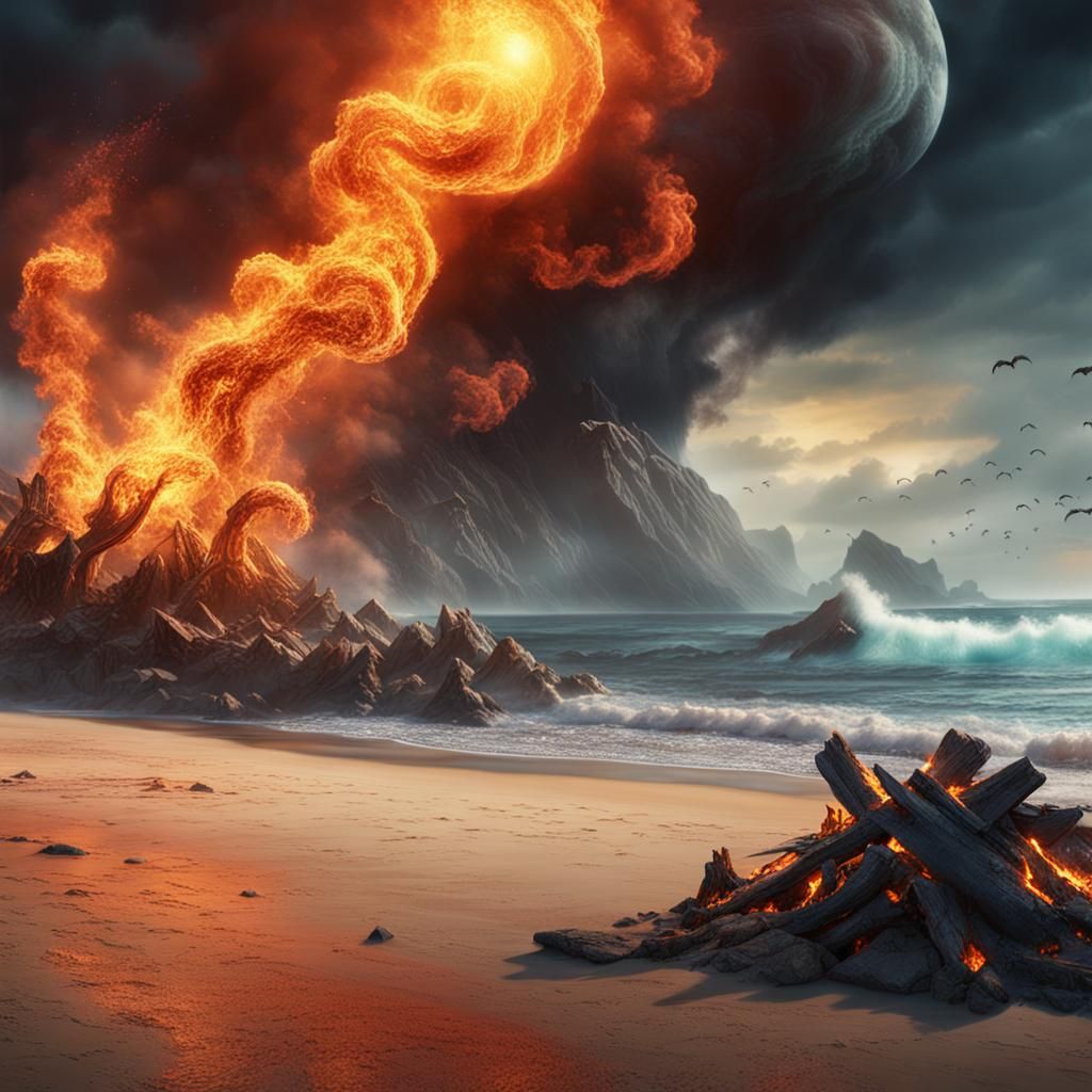 Smoky Beach Fire in Detailed Matte Painting Style