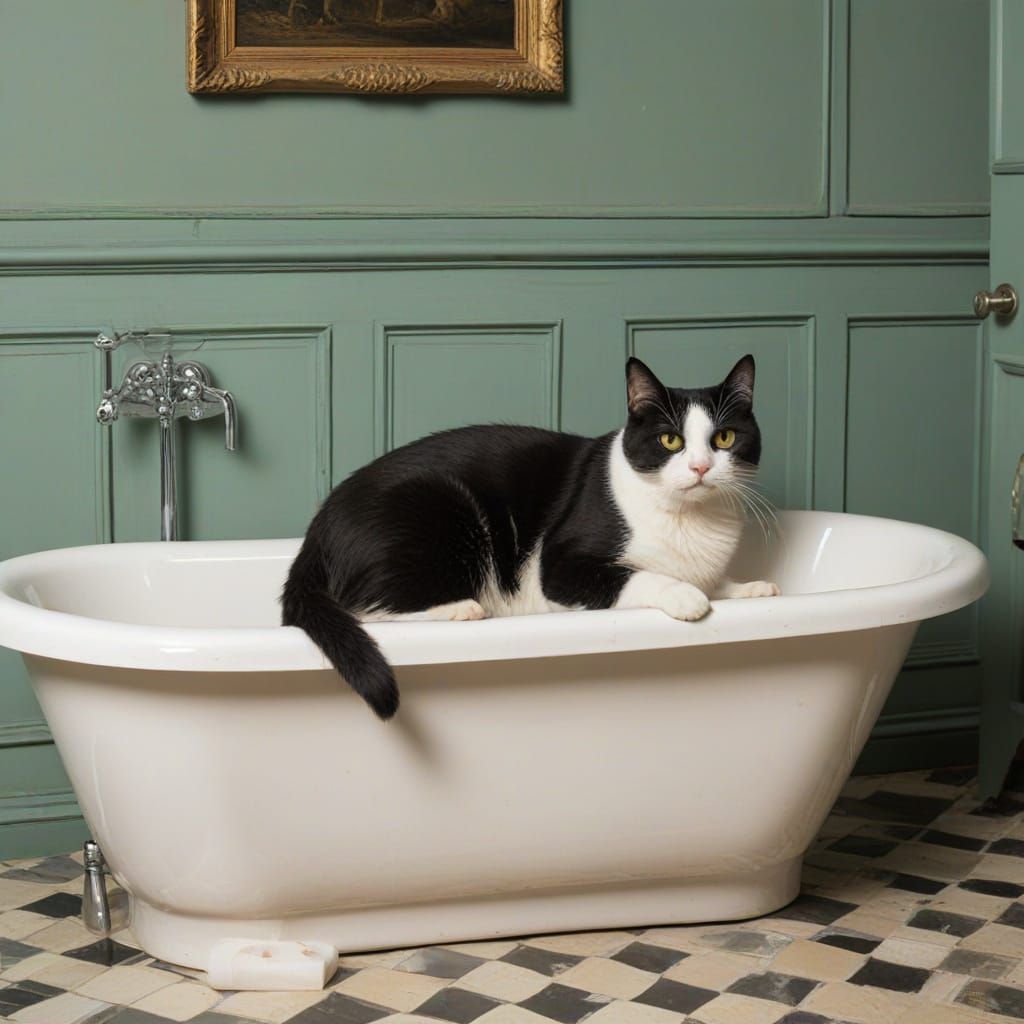 Cat Enjoys a Bath in Impressionist Style