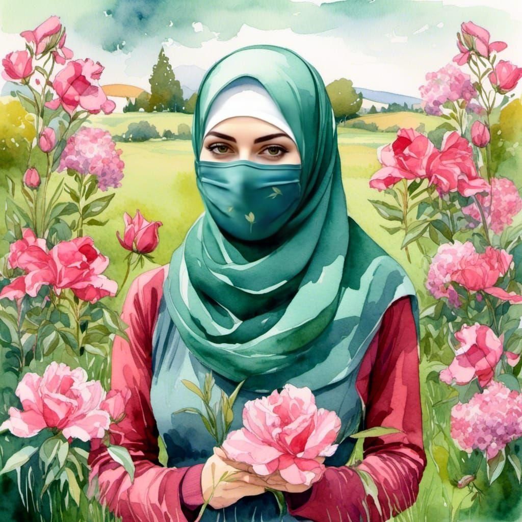 Veiled Woman in Rose Garden: Watercolor Portrait