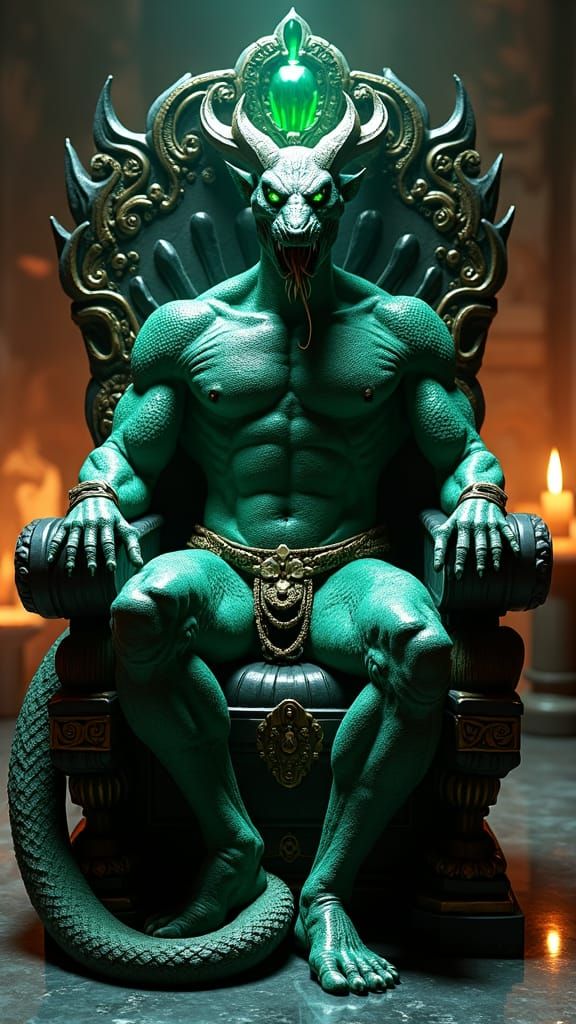Cobra-Demon Hybrid on Obsidian Throne in Gothic Fantasy Styl...