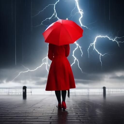 Woman in Red Umbrella During Thunderstorm