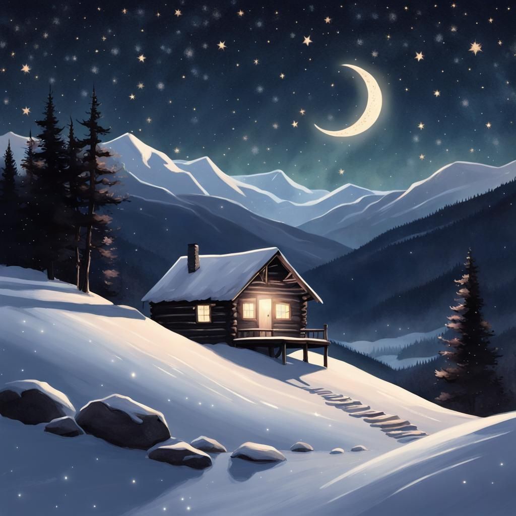Cozy Cabin Under Crescent Moon in Snowy Mountains