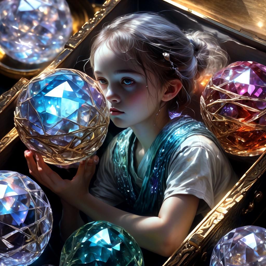 Glowing Crystal Orbs in Treasure Box, Oil Painting Style
