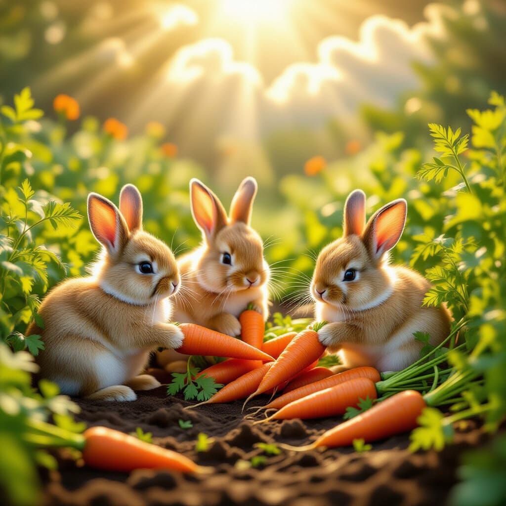Fluffy Rabbits Stealing Carrots in Golden Hour Glow