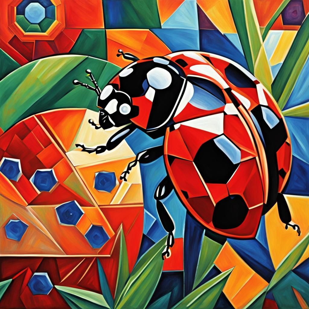 Geometric Ladybug in Cubist Garden Painting