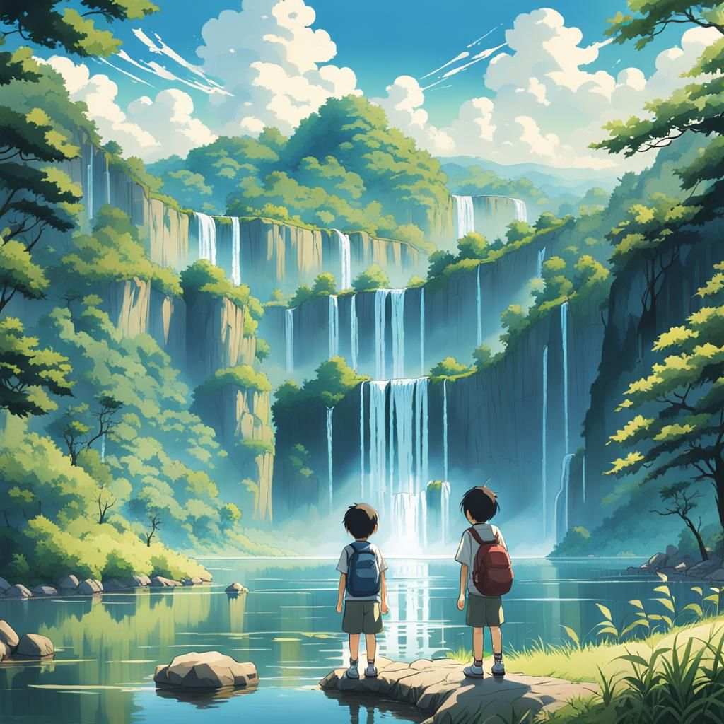 Anime Landscape with Waterfalls and Children, Ghibli Style