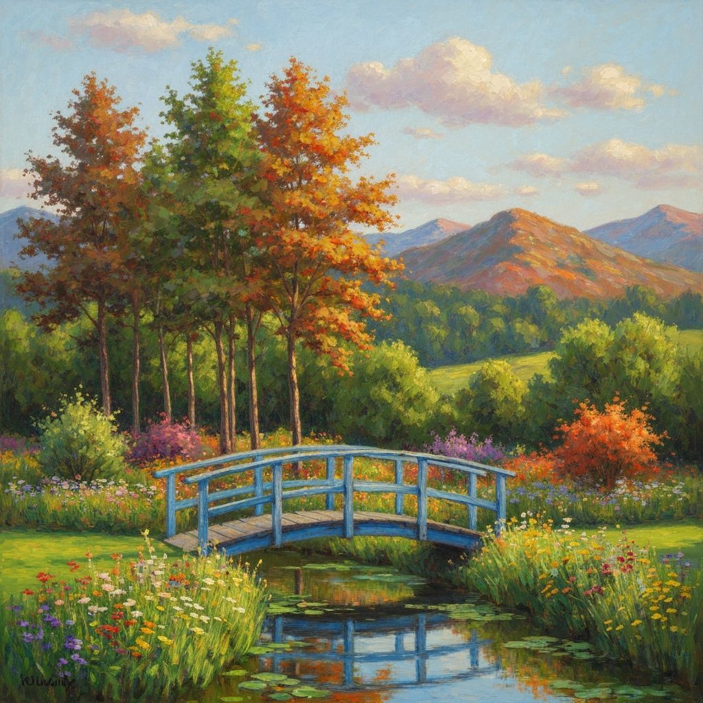 Impressionist Garden with Blue Bridge and Wildflowers