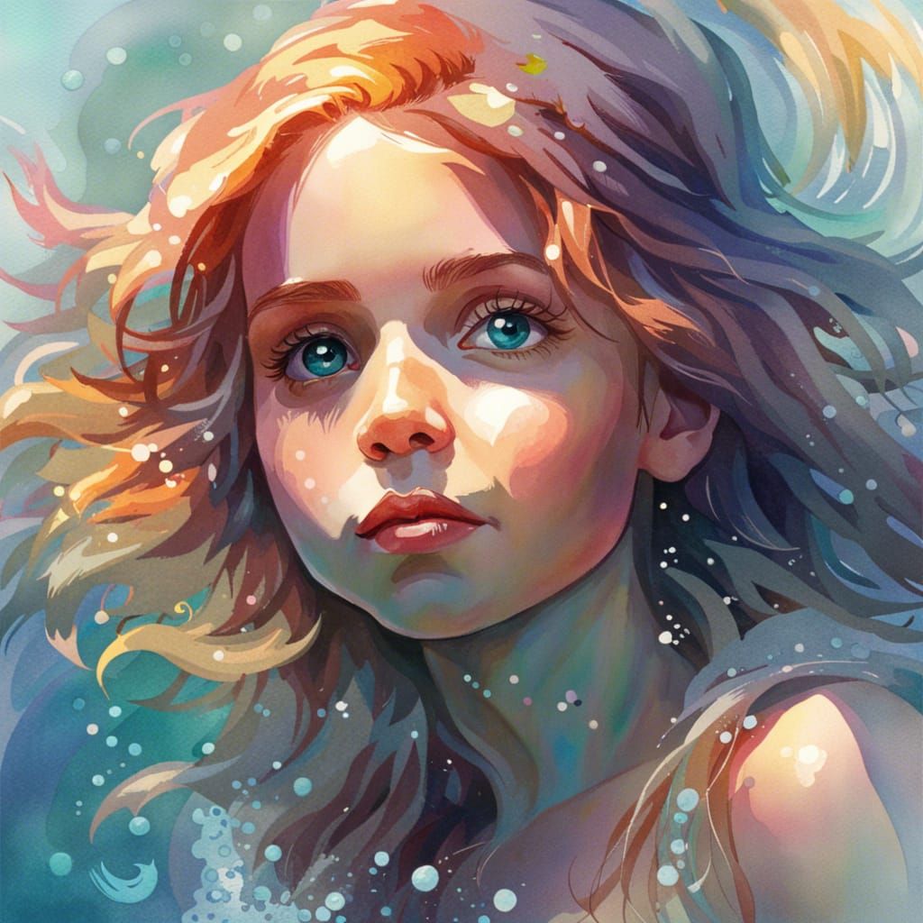 Cute Mermaid Baby in Watercolor Seascape