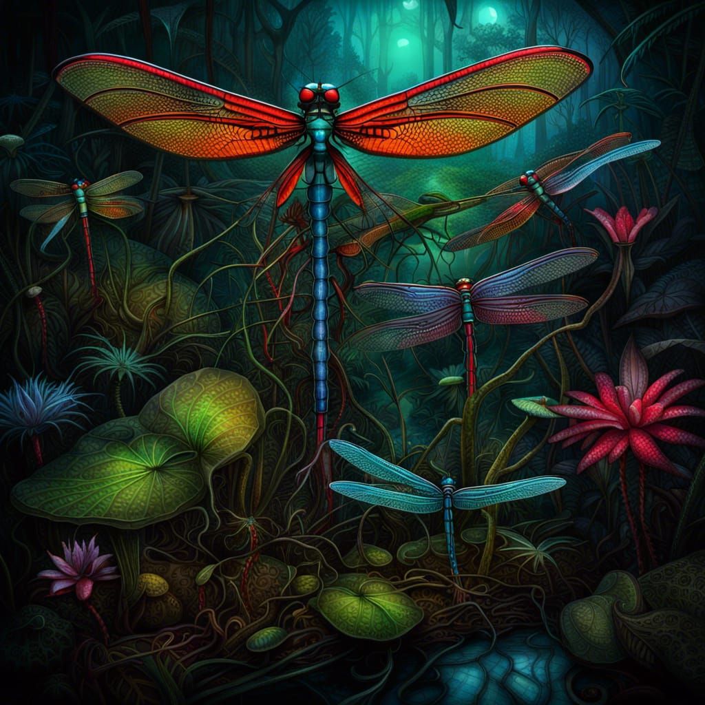 Bioluminescent Dragonflies Amidst Carnivorous Plants