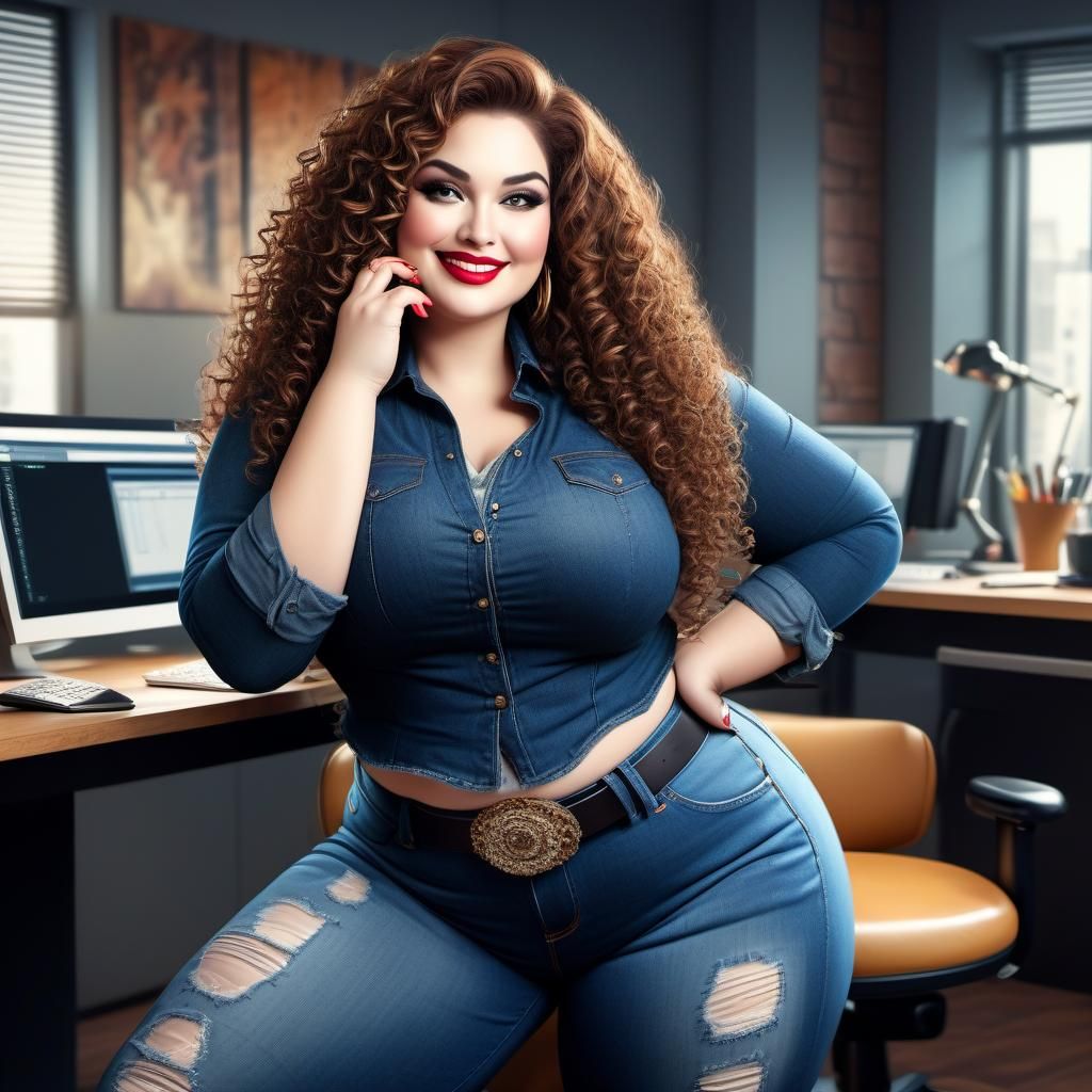 Curvy Woman Creating AI Art at Elaborate Desk