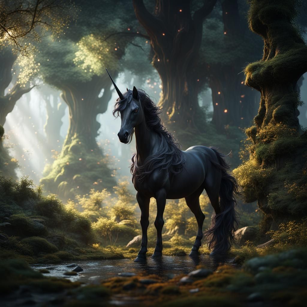 Enchanted Black Unicorn in Fantasy Forest