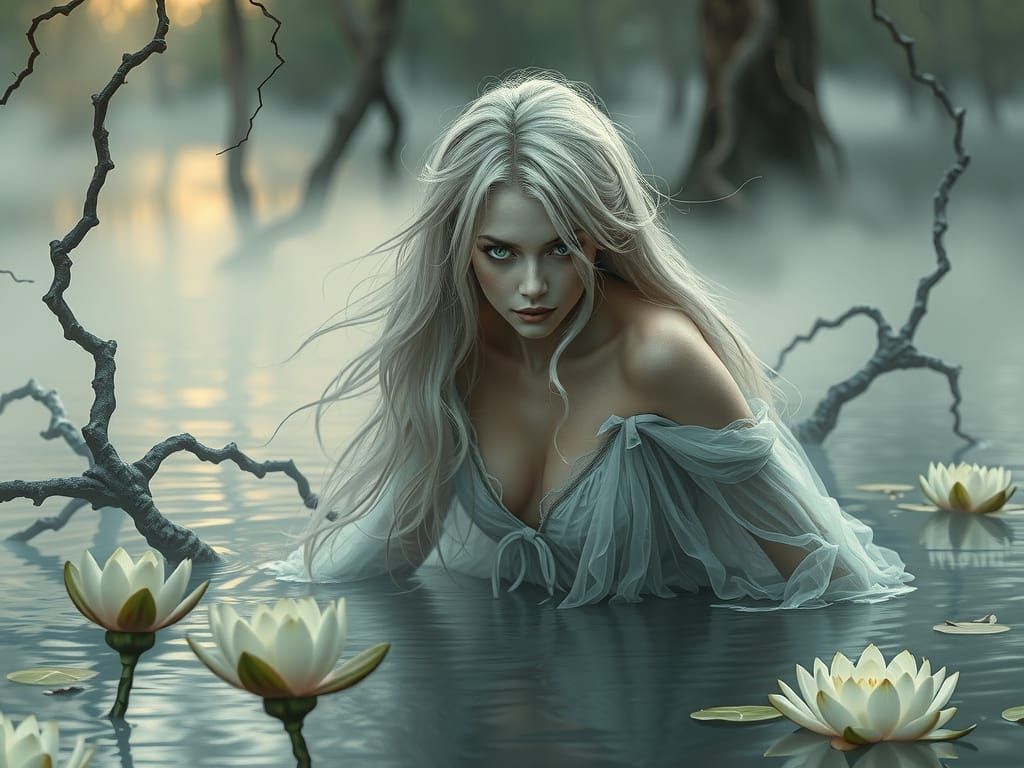 Mystical White Necromancer Emerges from Lake in Ethereal Gow...