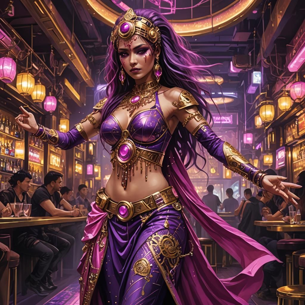 Cyberpunk Belly Dancer in Lavish Bar