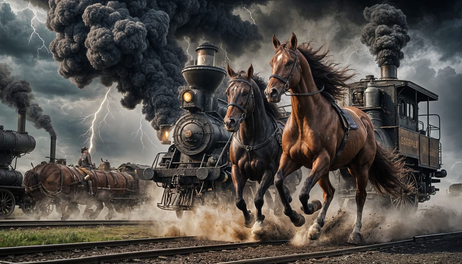 Hyperrealistic Chestnut Horse Running Towards Locomotive