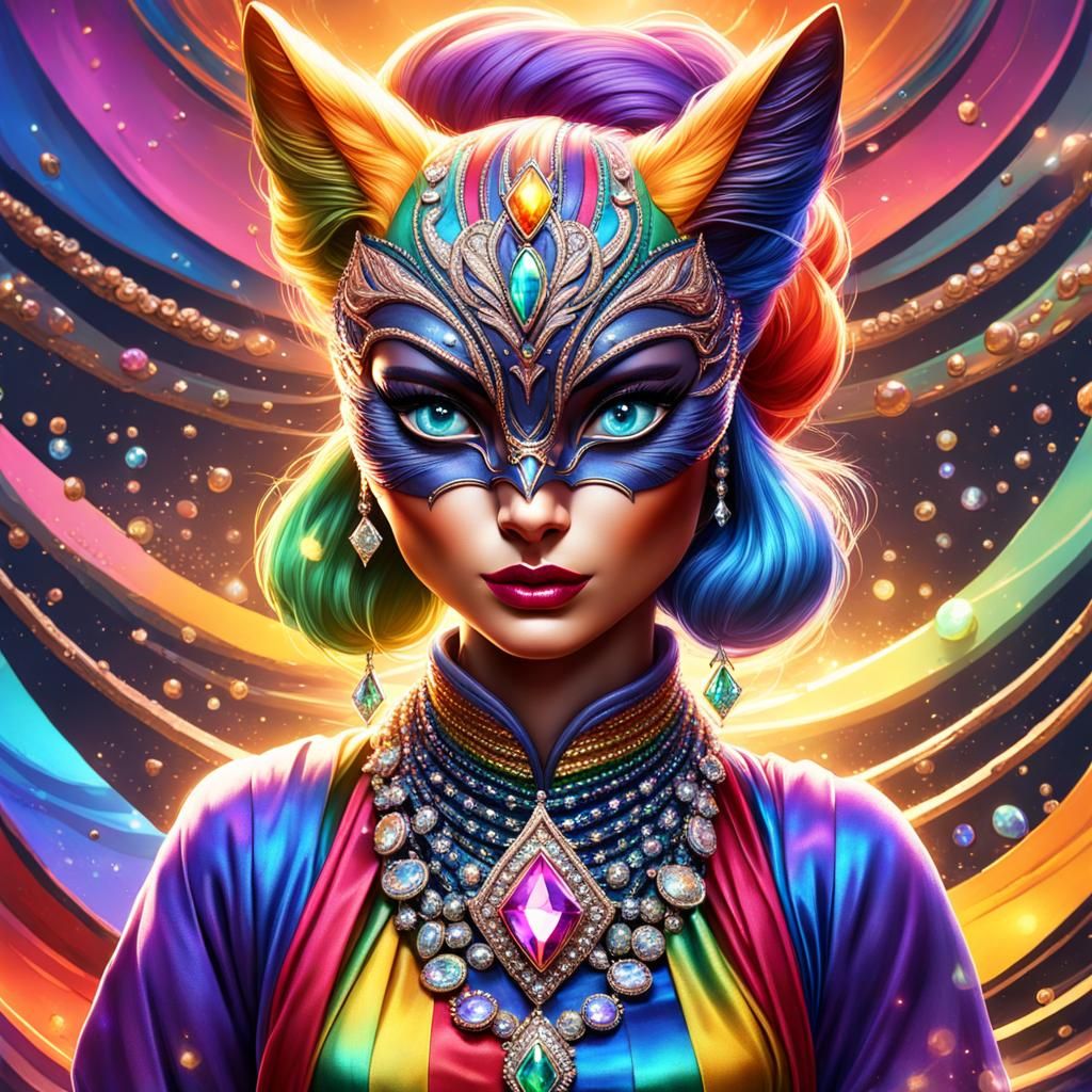 Calico Cat Woman in Rainbow Sari: Fantasy Art