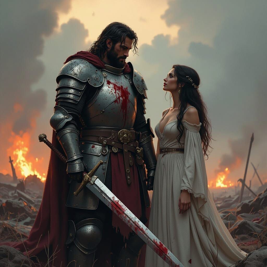 Armored Warrior and Wife on Battlefield, Dramatic Lighting
