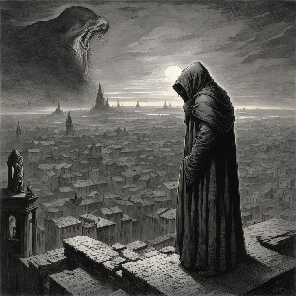 Hooded Figure in Destroyed City: Horror Art