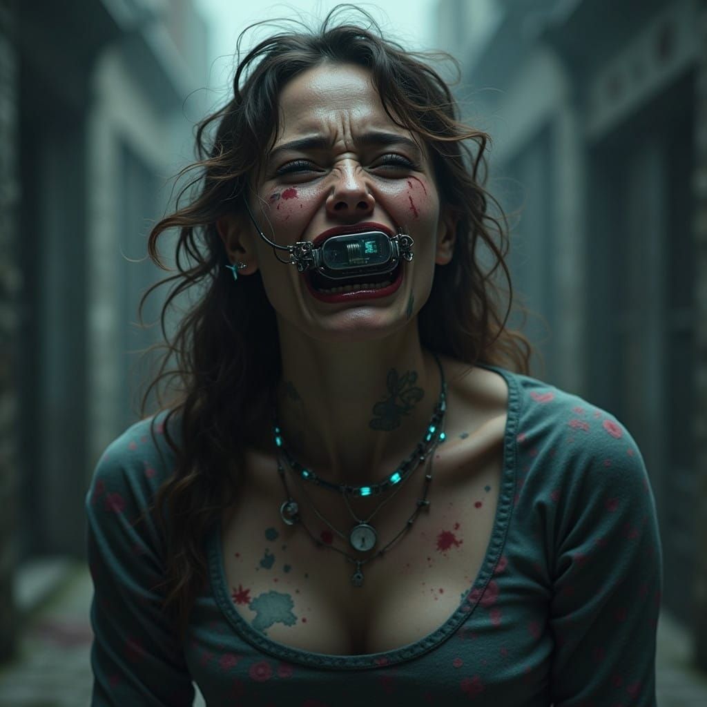 Stunning Digital Art of a Woman in Agony with Futuristic Den...