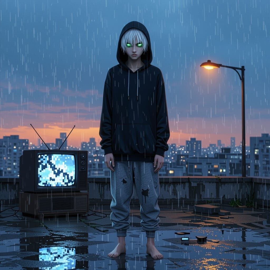 Androgynous Teen in Rainy Dawn, Hyperrealistic Analog Horror