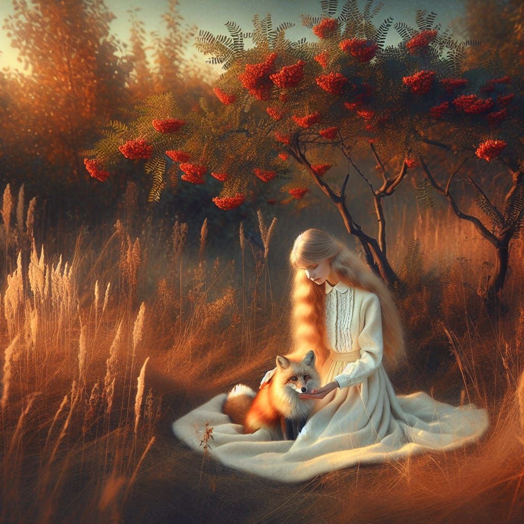 Girl and Fox in Rowan Grove: Oil Painting