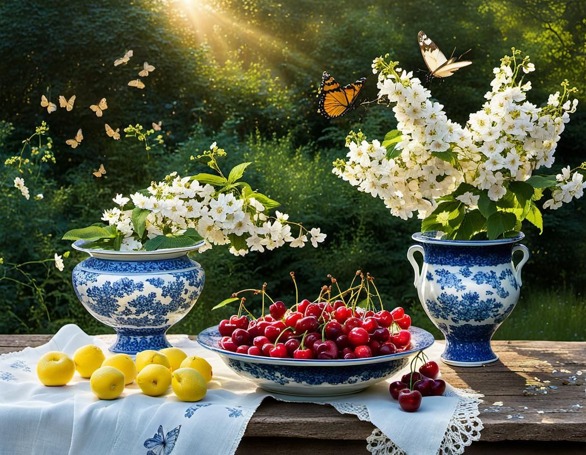 Cherries and Summer Flowers Still Life