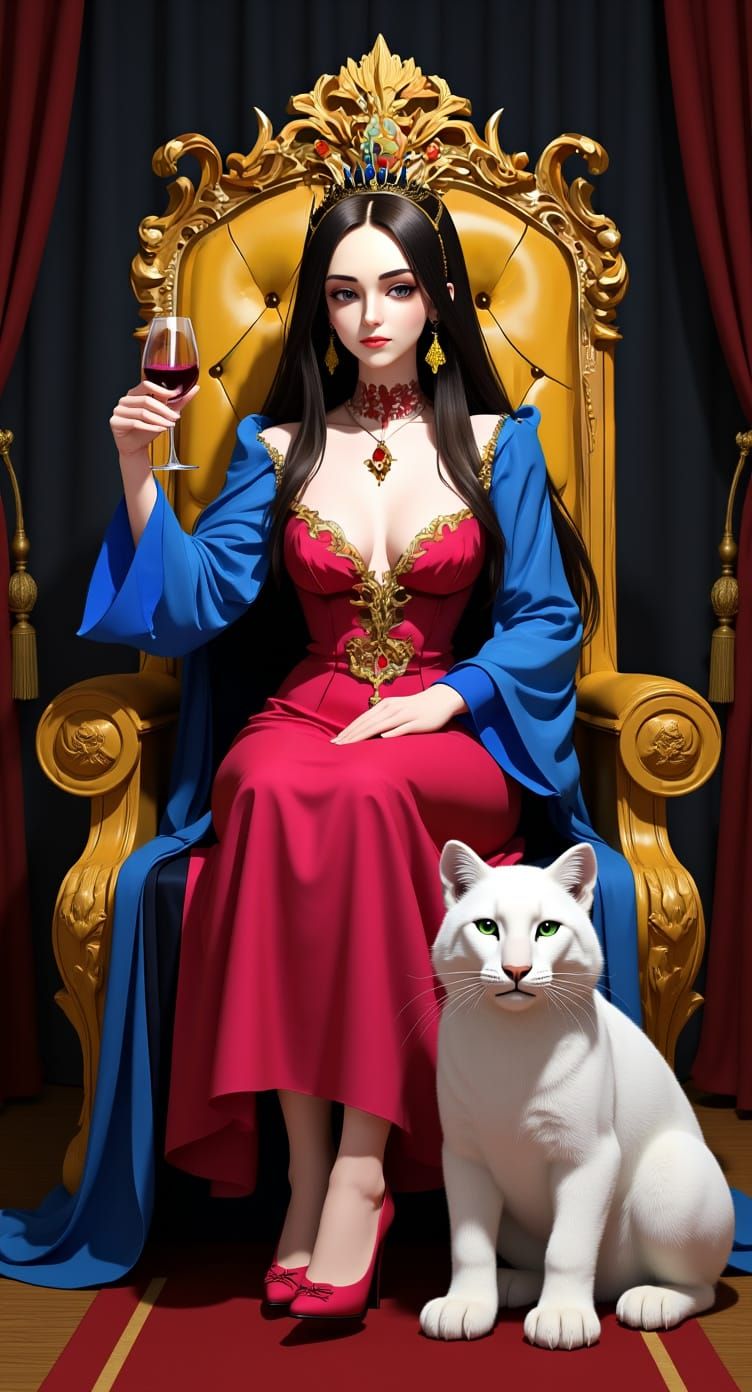 Anime Queen in Throne Room with Snow Leopard