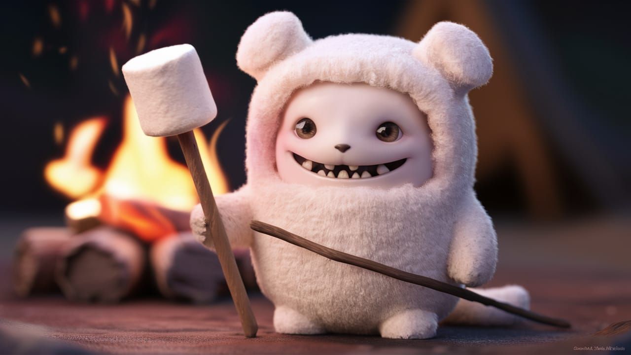 Chibi Marshmallow Creature in Cozy Campfire Setting