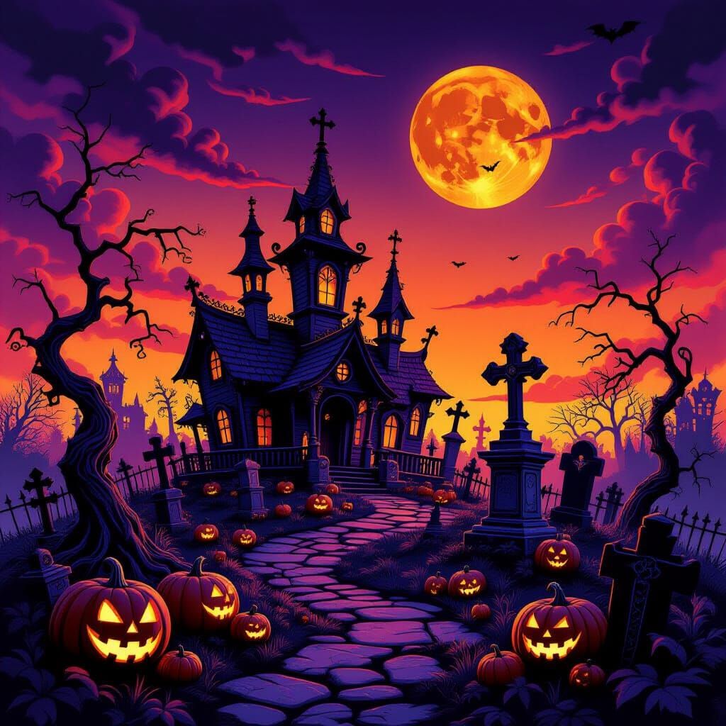 Gothic Graveyard Halloween Scene in Dark Fantasy Style