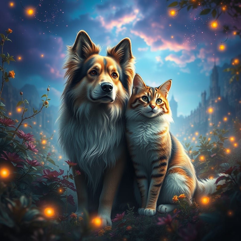 Majestic Dog and Cat Duo Amidst Vibrant Fantasy Landscape