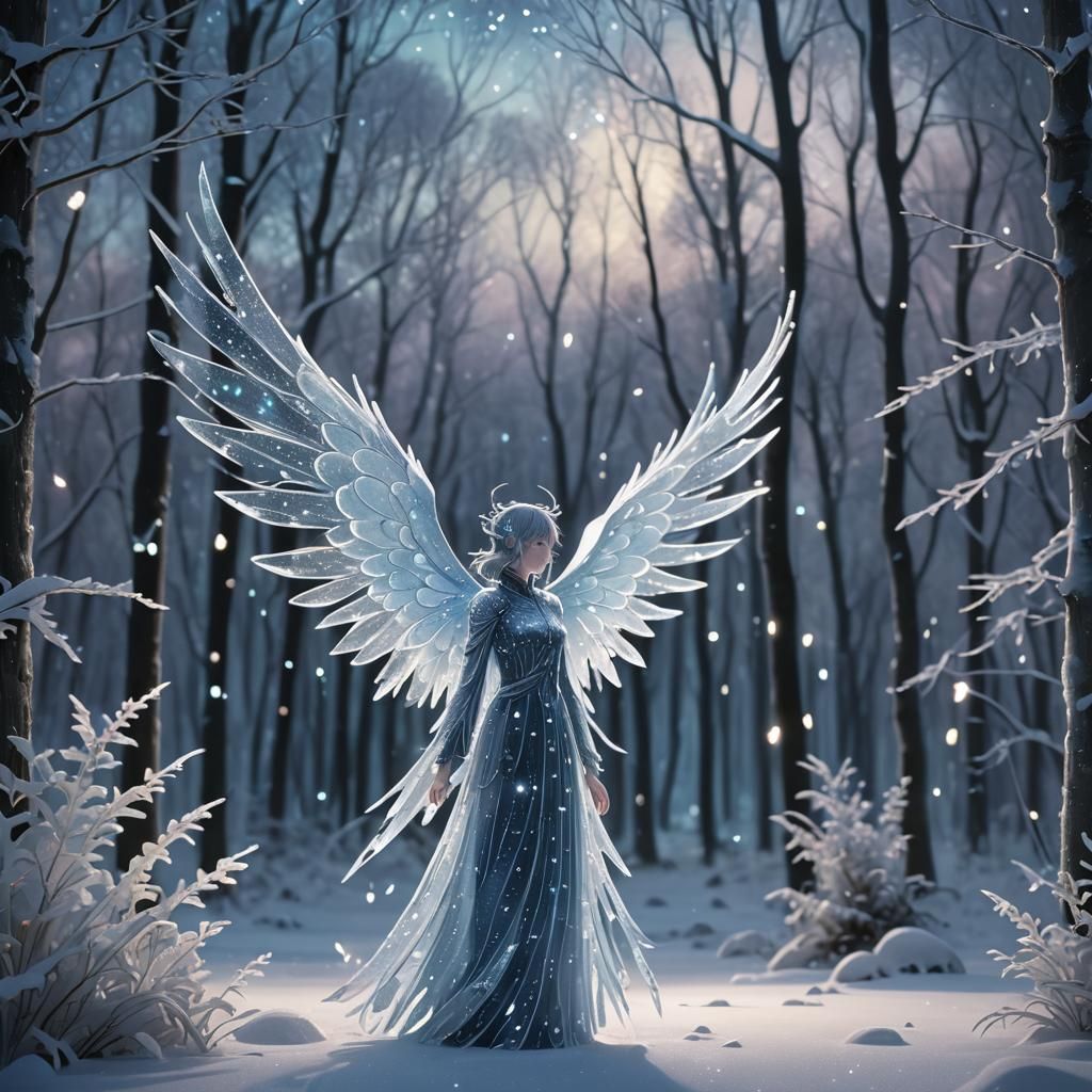 Angelic Ice Creature in Winter Forest, Anime Style
