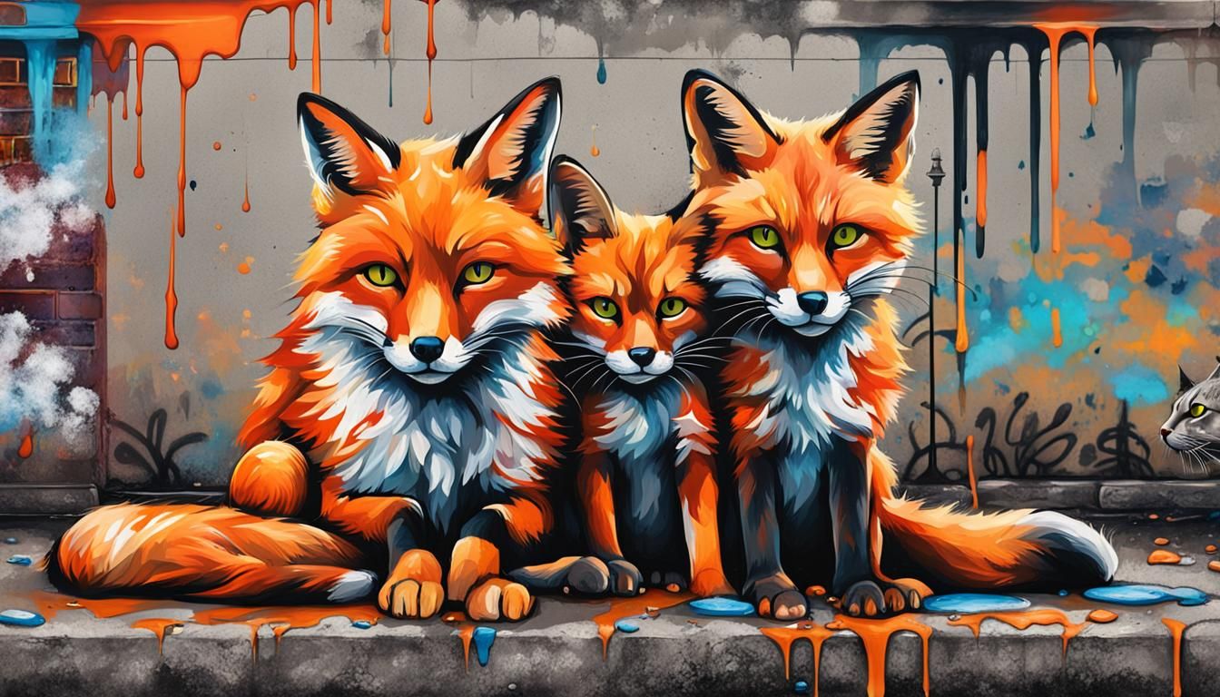 Fox and Cat Chill in Colorful Graffiti Art