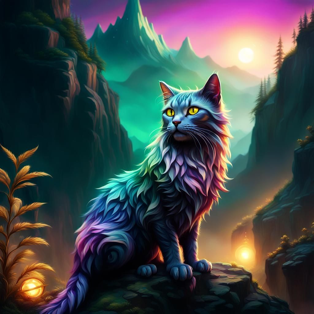 Mystical Cat on Ethereal Peak: Hyper-Realistic Oil Painting