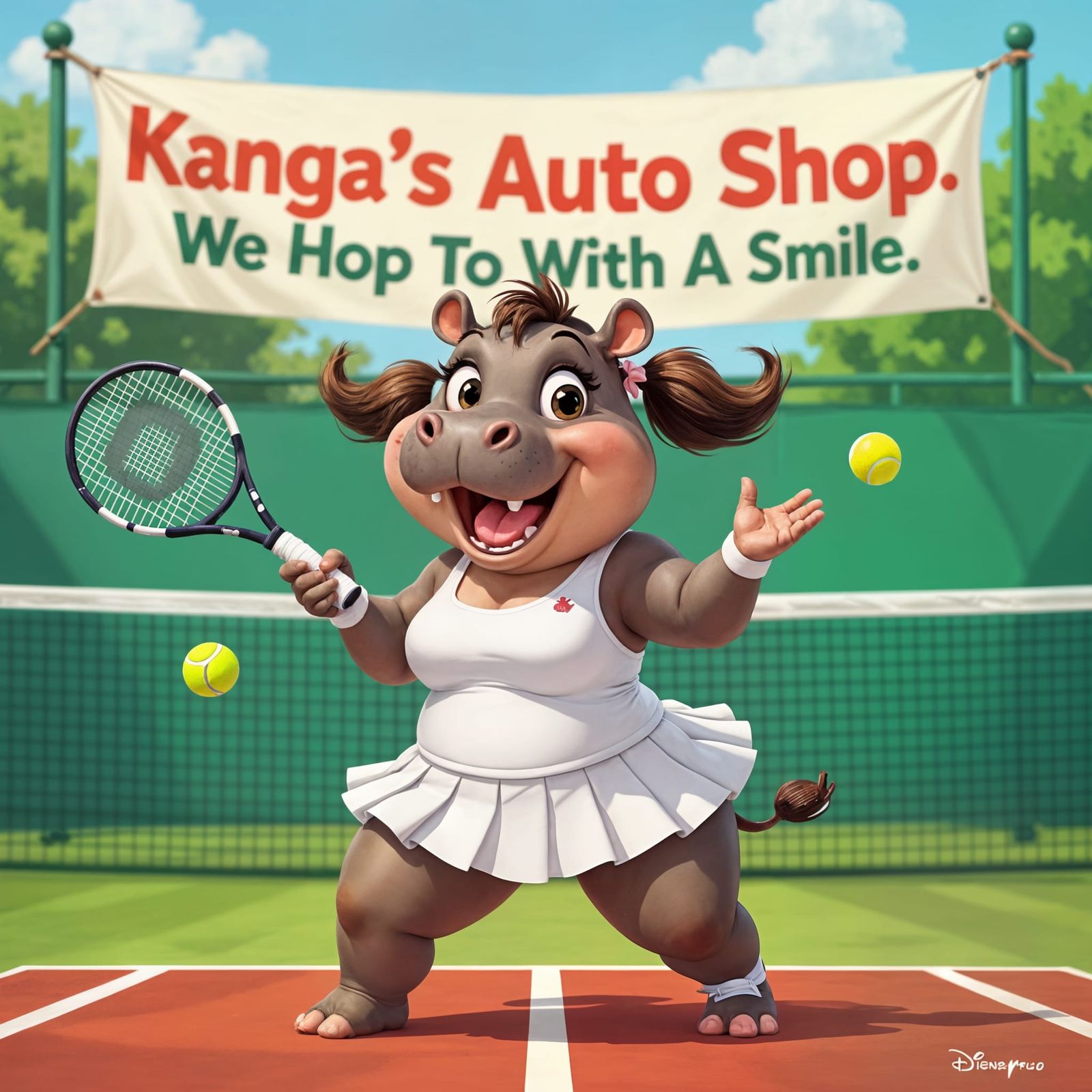 Hippo Plays Tennis at Wimbledon in Disney Style