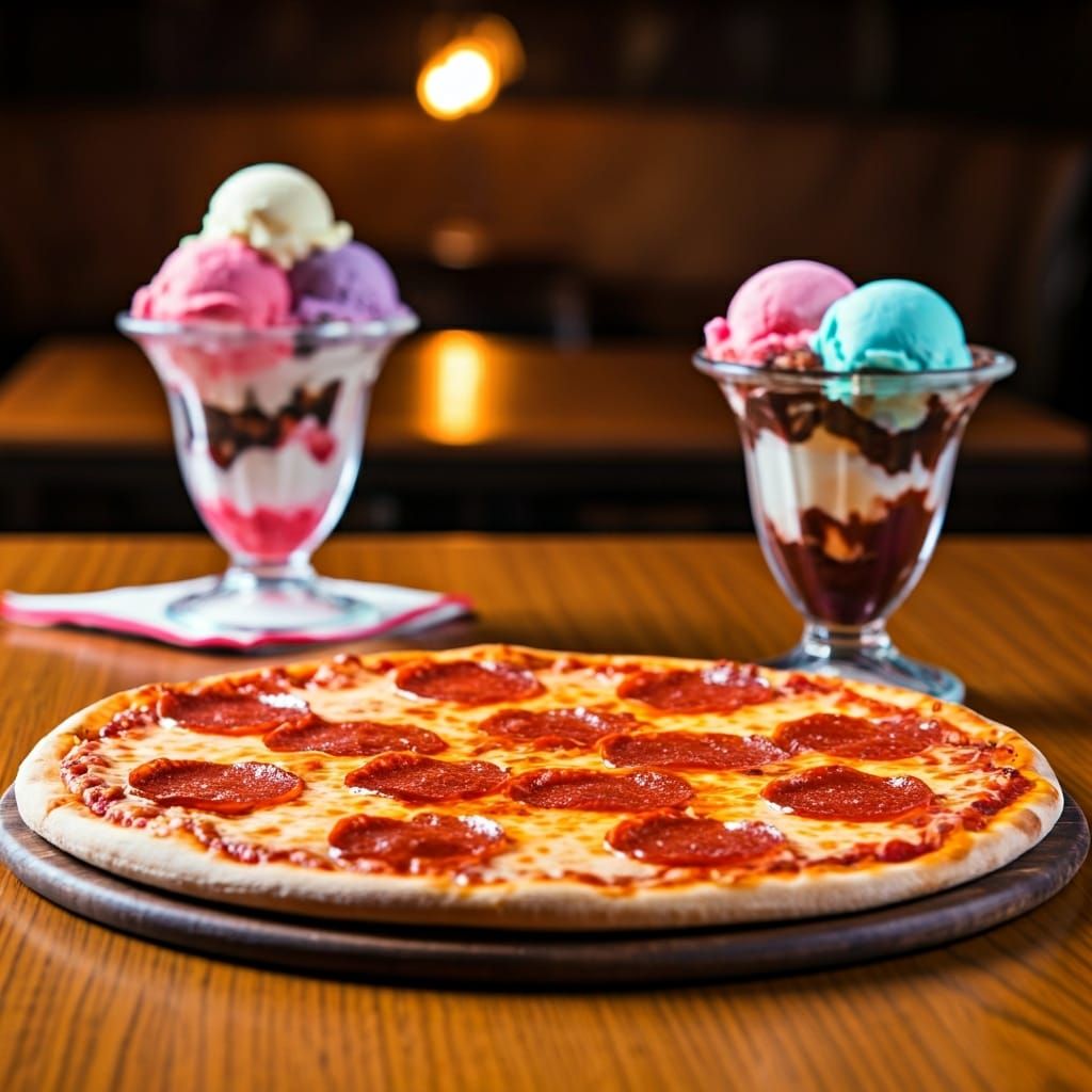 Pepperoni Pizza and Ice Cream Still Life