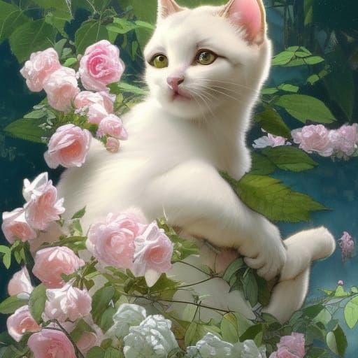 Adorable Kitten Surrounded by Roses, Hyperdetailed Art