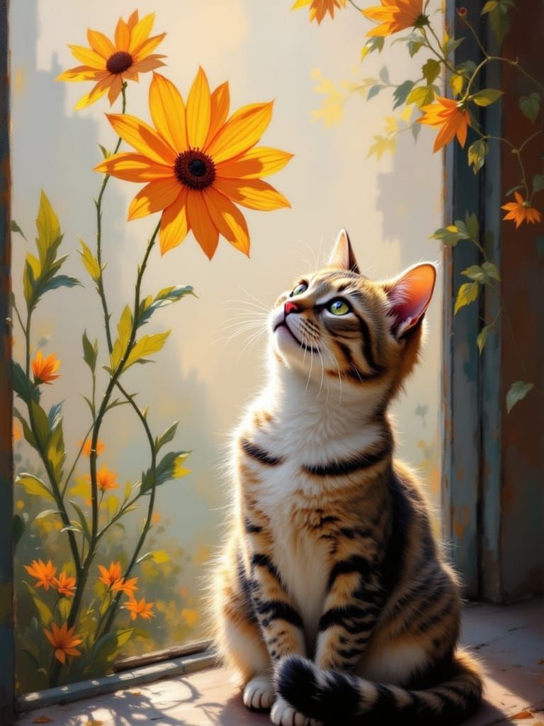 Adorable Cat Gazes Up at Towering Flowers in Soft Light